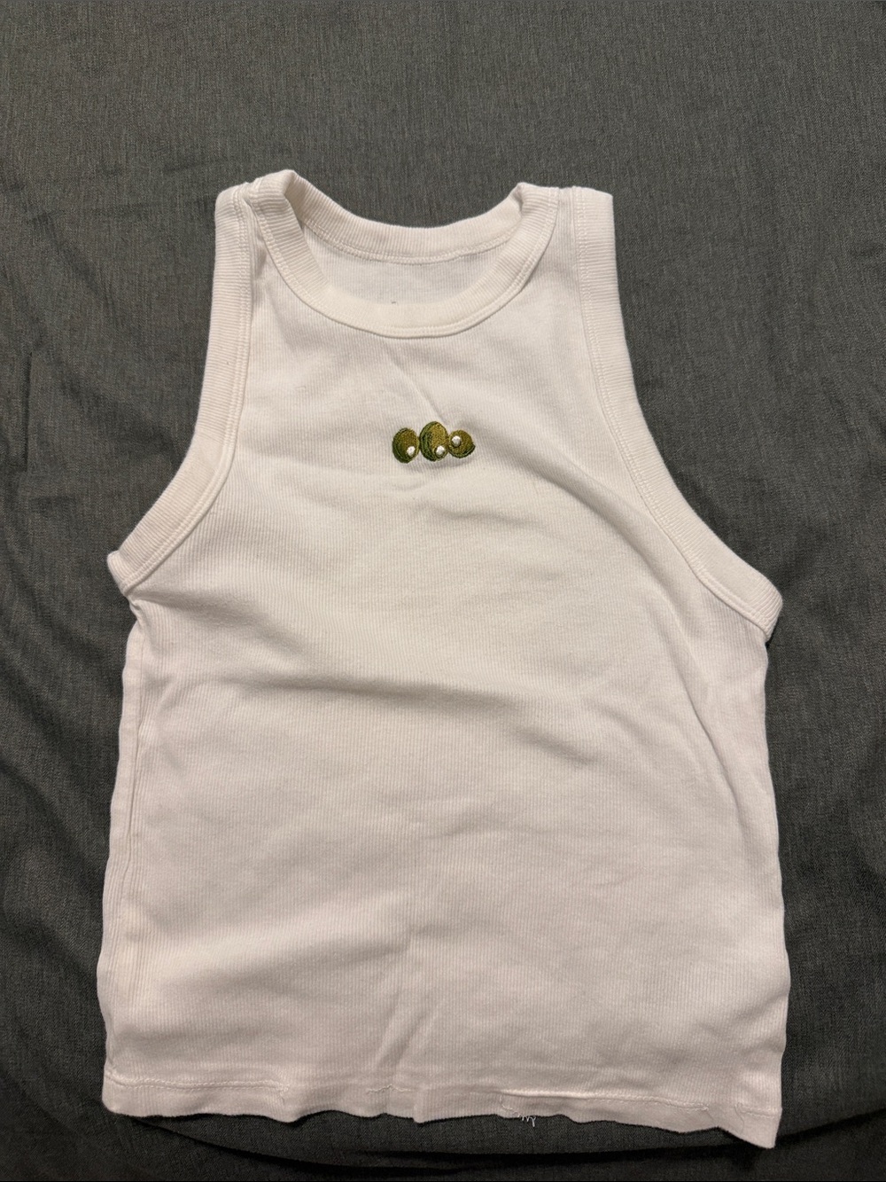 White Tank Top with Green Embroidered Detail (Olives)